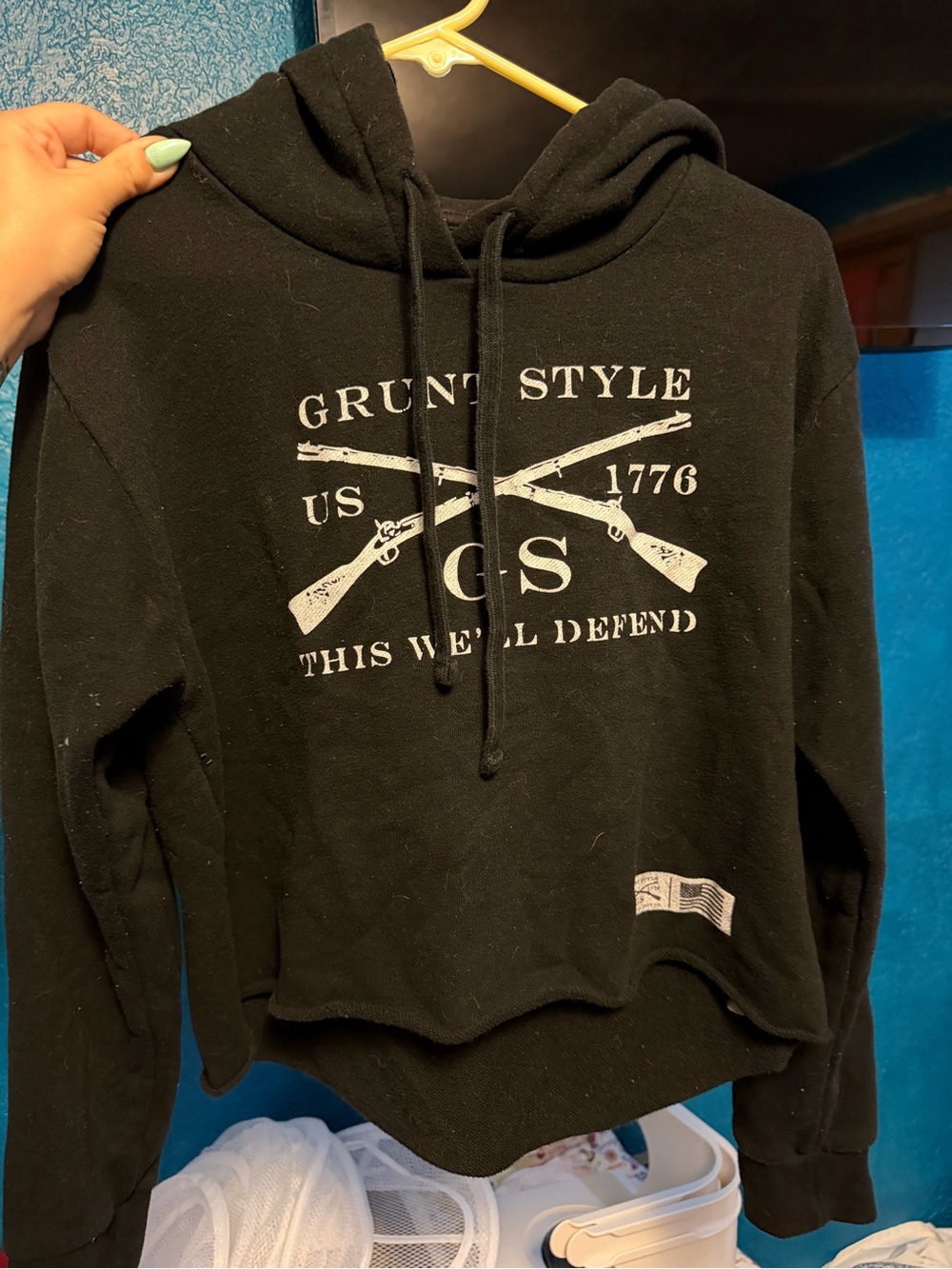 Grunt Style Black Hoodie with White Crossed Rifles Graphic women’s crop